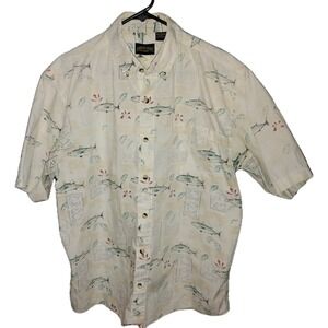 Shaver Lk Outfitters Mens L Shirt Ivory Button dn Fish Cotton Rare E Sierras EUC